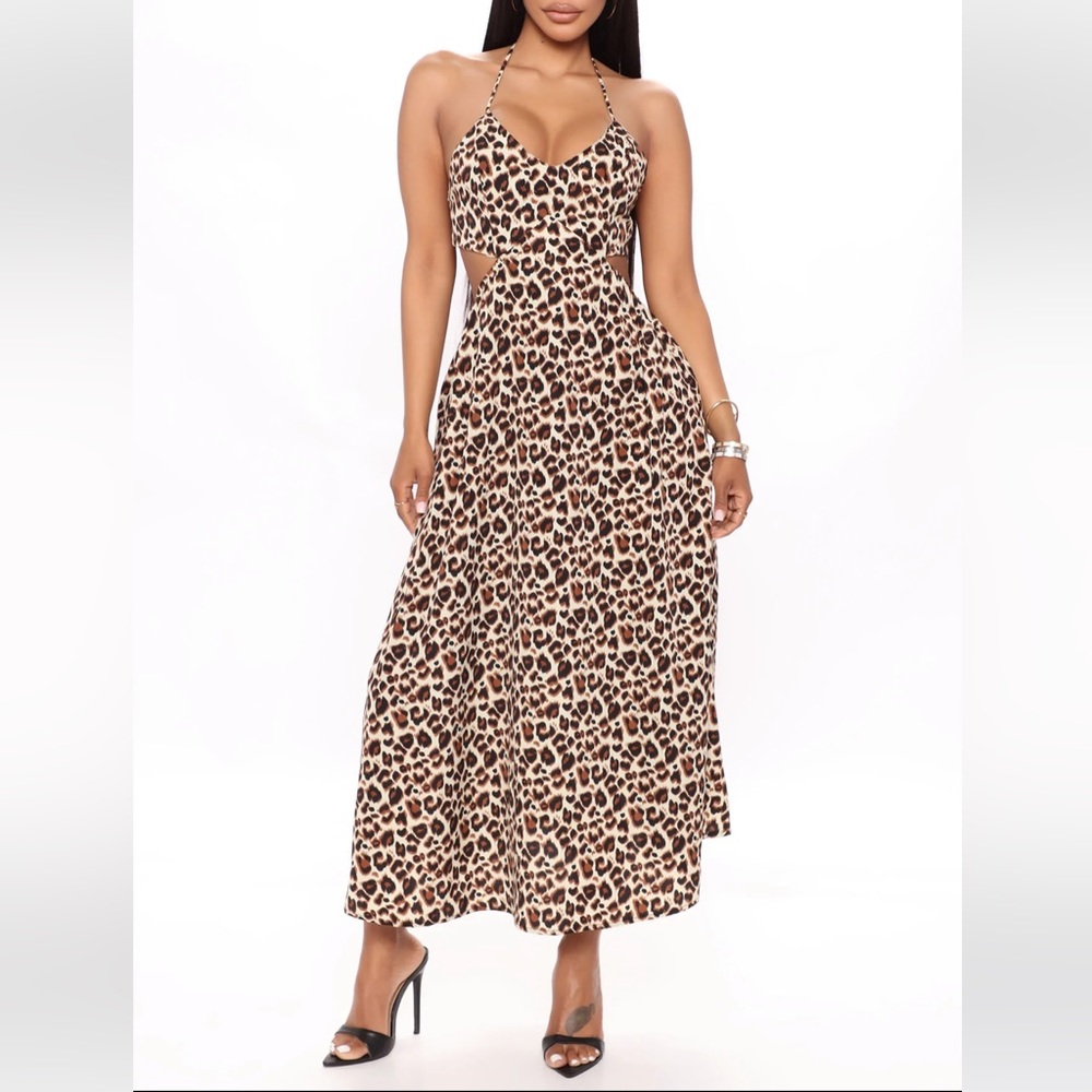 Fashion Nova Jungle Babe Leopard Print Halter Neck Midi Dress Brown NWT-M